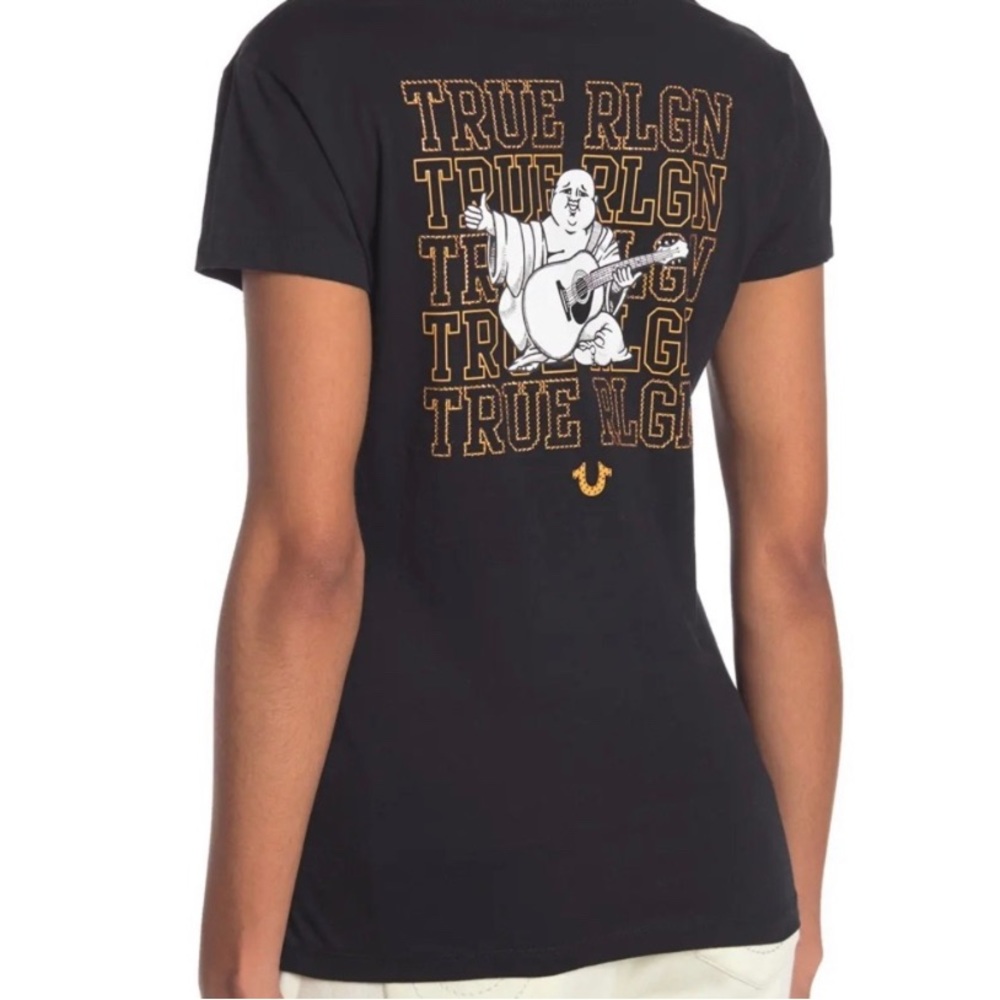 True Religion Black Buddha Love Slim Rhinestones V Neck